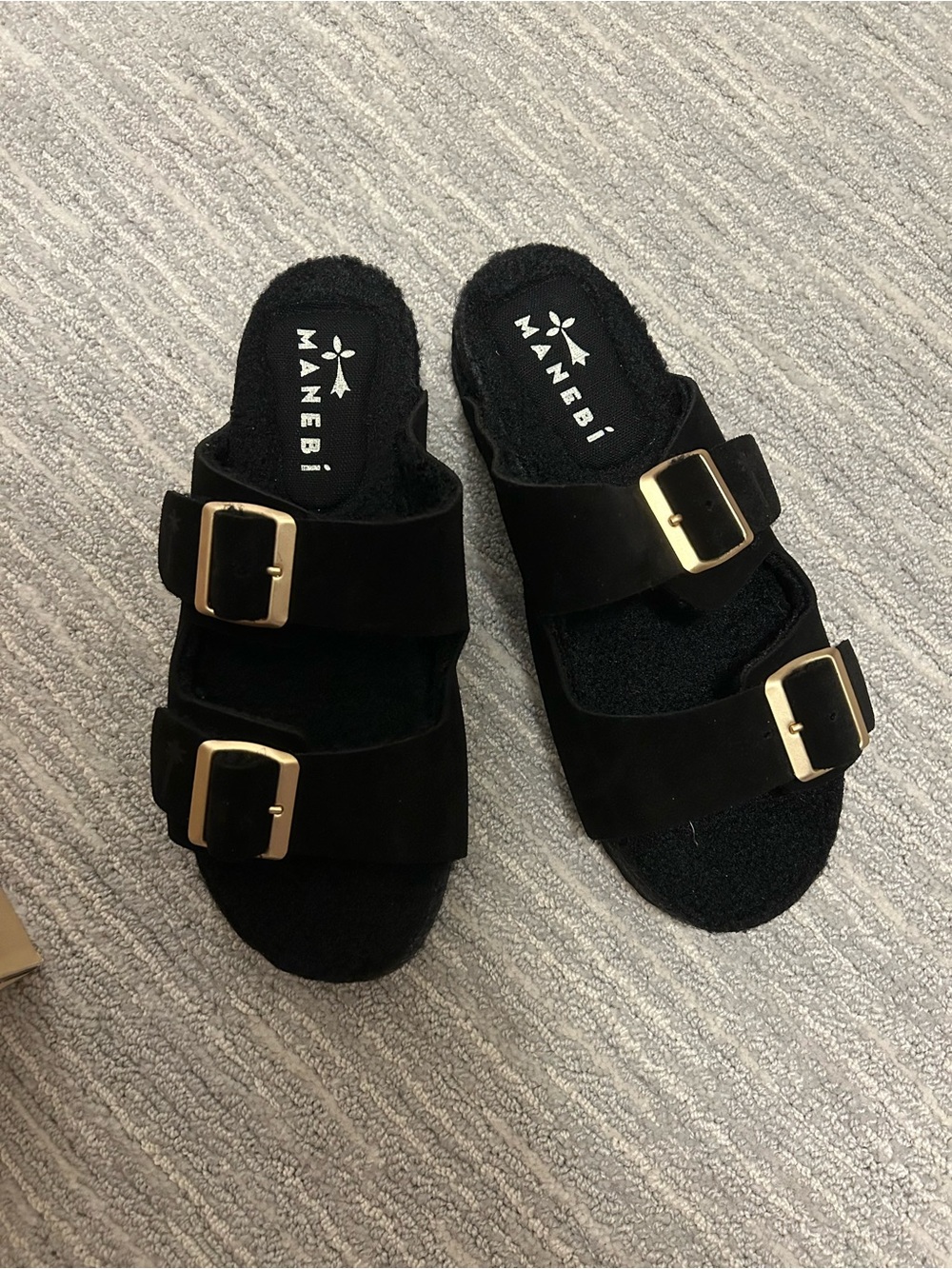 Manebi Black Double-Buckle Suede Slide Clogs